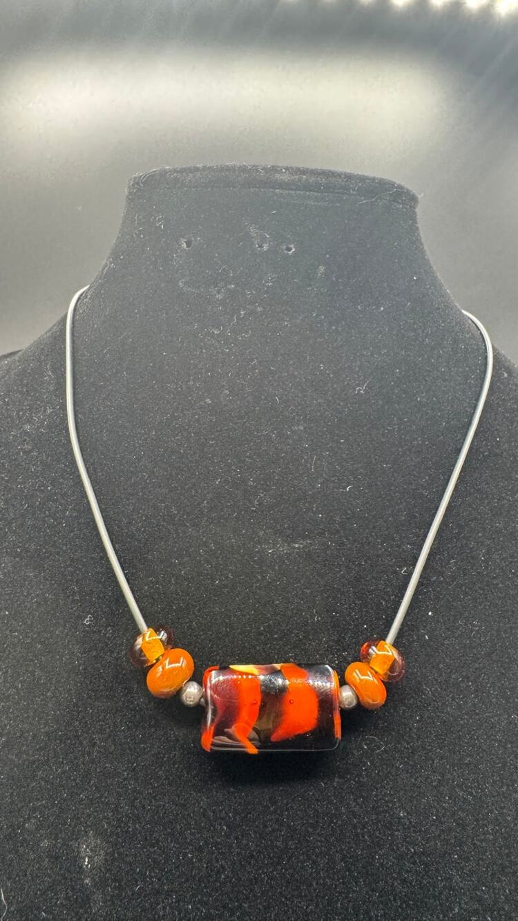 Striped Amber Lampwork Glass Bead Necklace